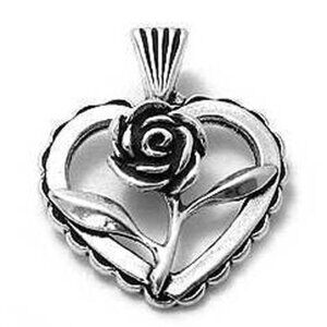 ROSE IN OPEN HEART CHARM. STERLING SILVER